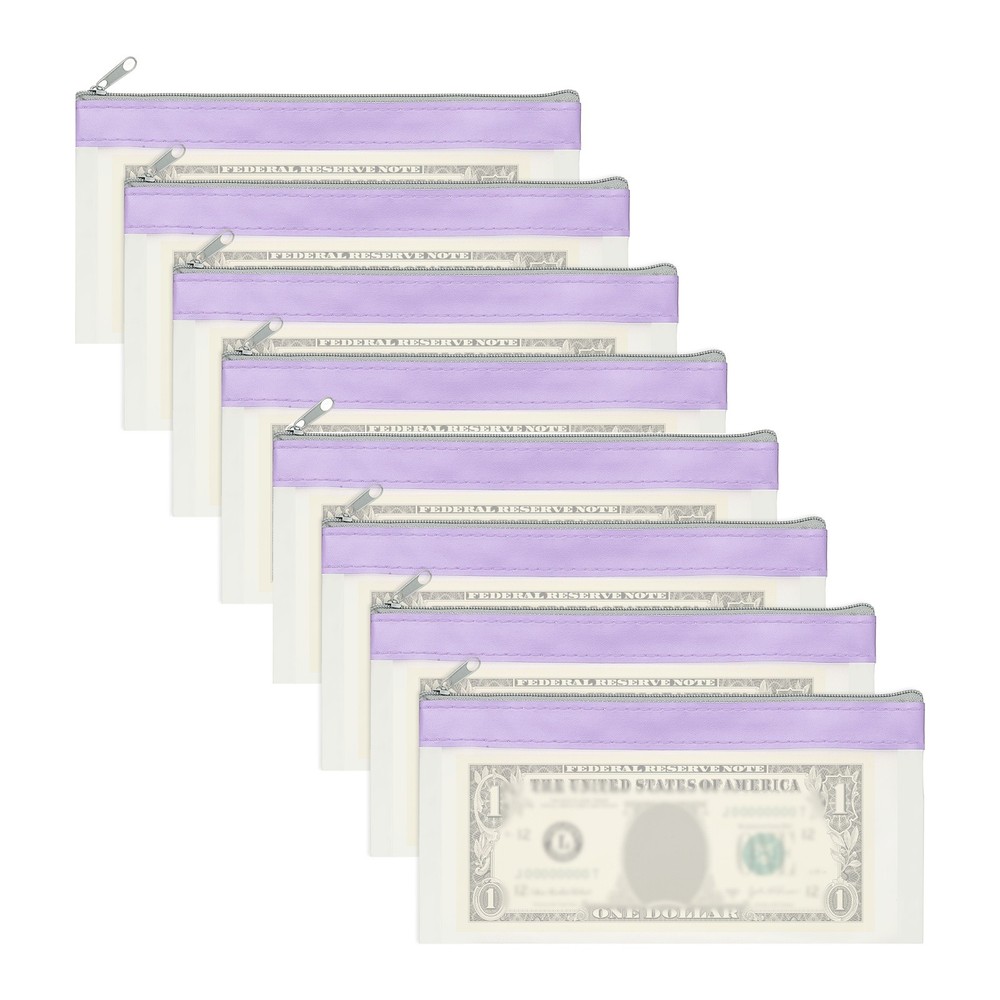 8.5×4 Inch Money Bags with Zipper, 8Pcs Clear Cash Pouch, Purple