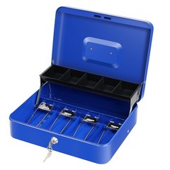 Blue Large Cash Box Key Lock Money Tray Metal Safe 11.8 x 9.4 x 3.54 Inch