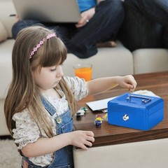Small Money Box with Key Lock 6″ Cash Box with Money Tray for Kids Blue