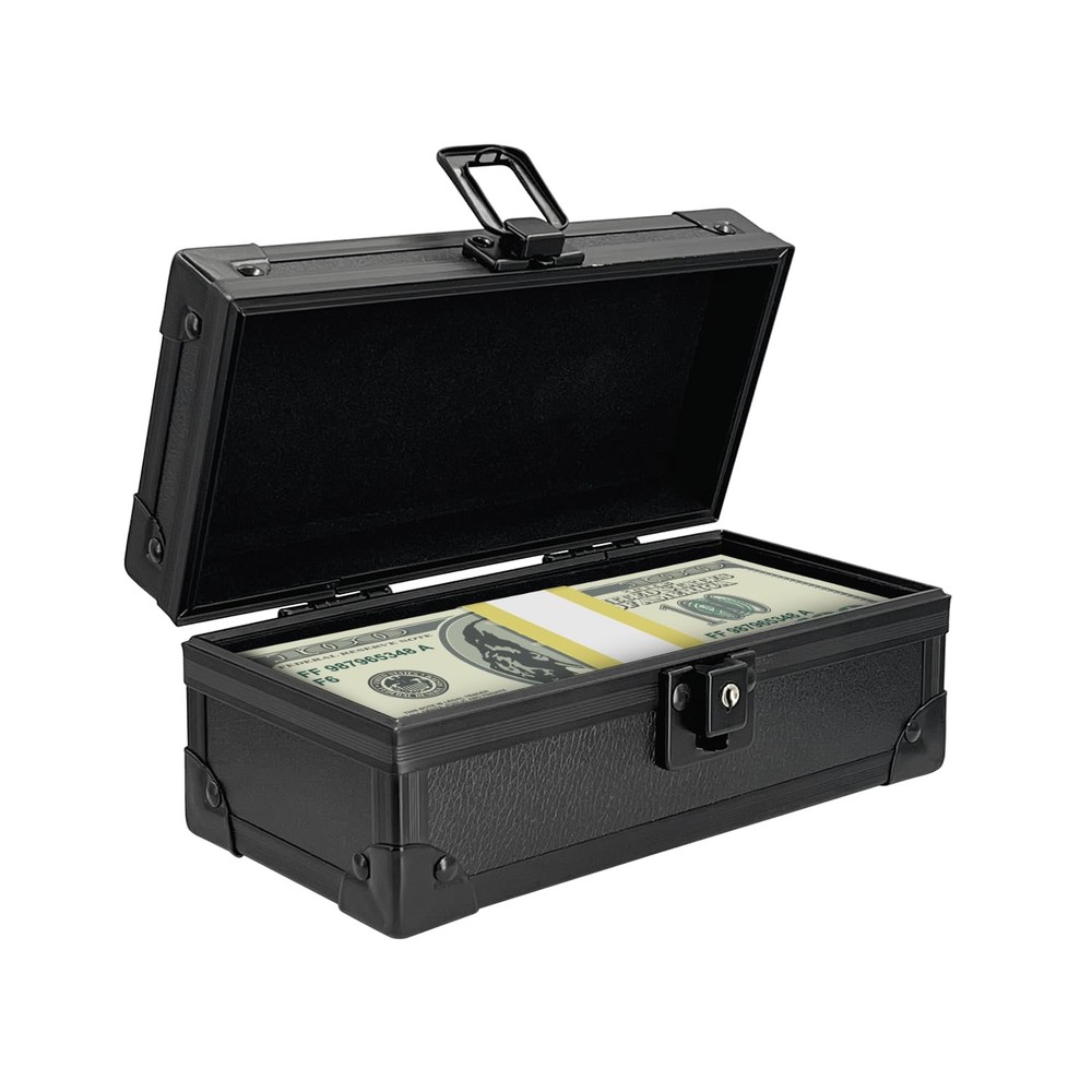 Black Lockable Money Box, Aluminium Alloy Cash Box with Coin Tray, Currency O…