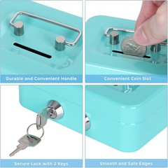 Small Lockable Cash Box Coin Bank w Key Slot Portable Metal Money Safe Green New