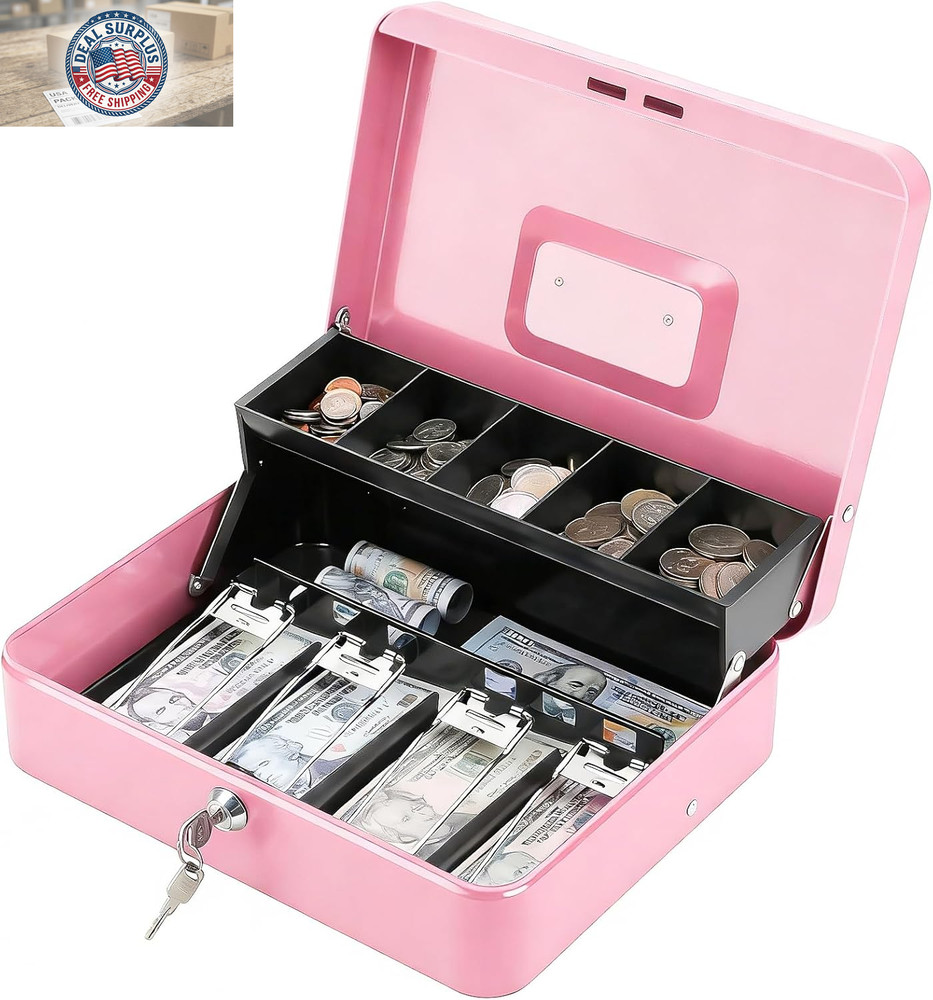 Locking Cash Box with Lock, Money Box with Cash Tray,Lock Safe Box with Key, Mon