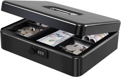 Metal Cash Box with Combination Lock – Extra Large 11.81×9.45×3.54 in Black