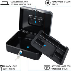 Large Cash Box w/ Tray Key Lock Metal Money Storage Case Handle Black 9.8″