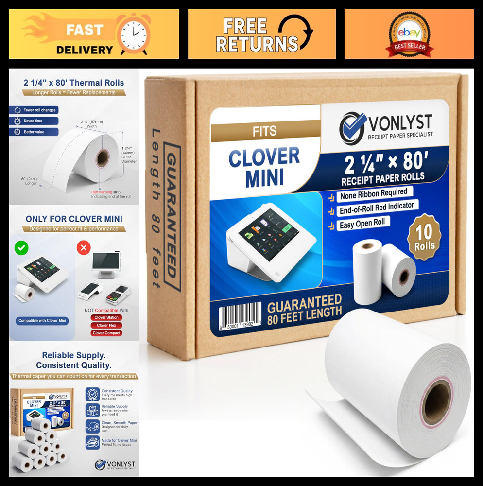 Thermal Receipt Paper Rolls 2 1/4” x 80’ BPA Free for POS & Credit Card Machines