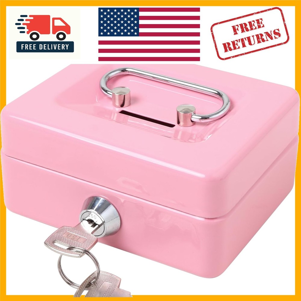 Elegant Pink Cash Box with Key Lock – Secure Metal Money Storage for All Ages