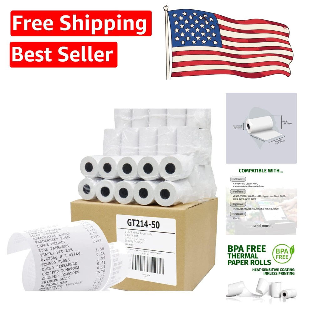 50 Pack of 2-1/4″ x 50′ Lint-Free BPA Free Thermal Paper Rolls, Shrink-Wrapped