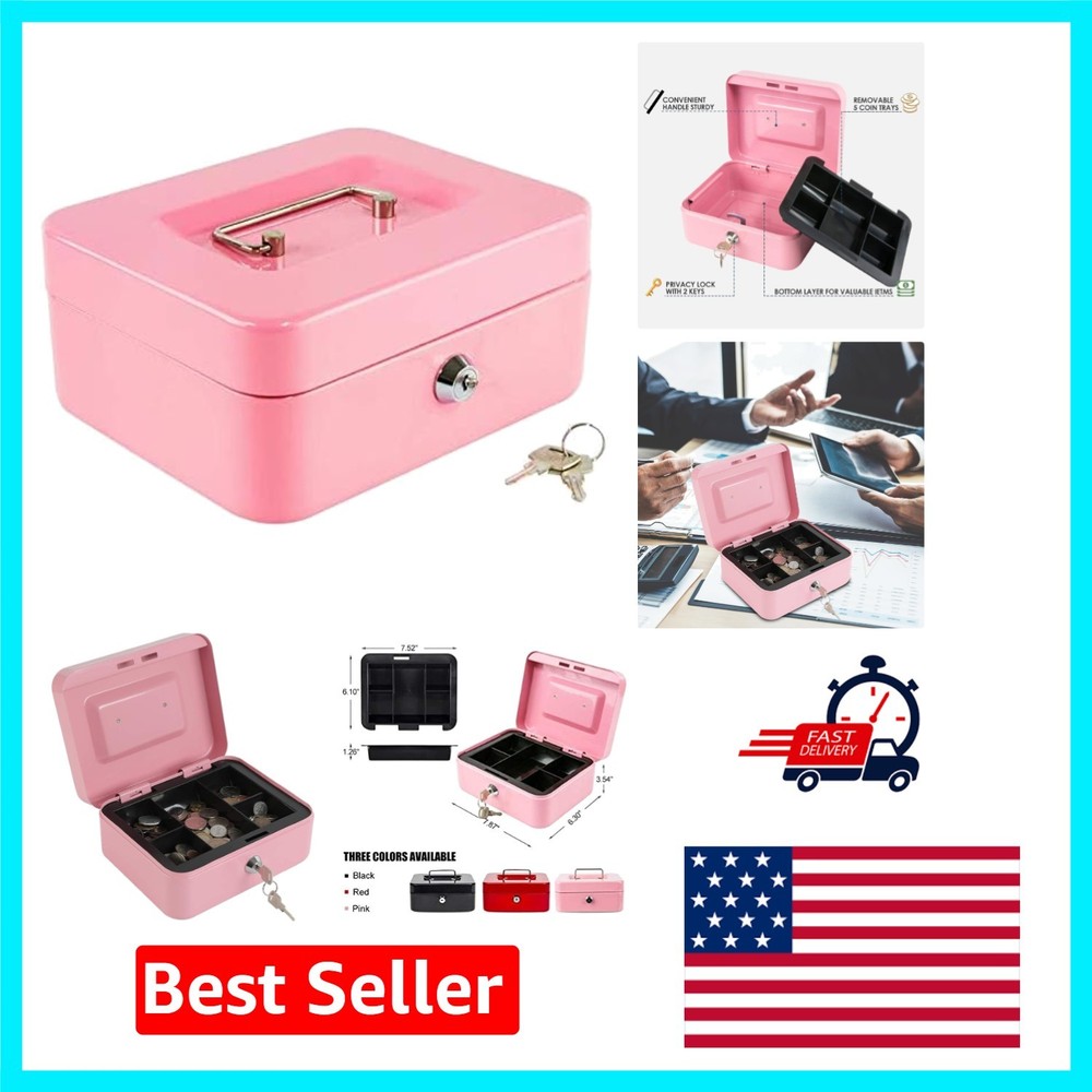 Lightweight Pink Steel Cash Box with Key Lock & Coin Organization Tray, Medium