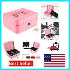 Lightweight Pink Steel Cash Box with Key Lock & Coin Organization Tray, Medium