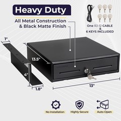 Cash Register Drawer Black 13″ 4 Bill 5 Coin Tray Key-Lock 12-24V RJ11/RJ12