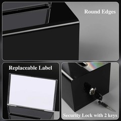 VOISEN Acrylic Donation Box with Lock Black Tip Jar Sign Holder 6.2×4.6×3.9″