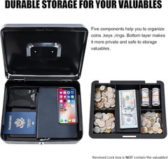 Large Black Steel Cash Box with Key Lock and Removable Money Tray