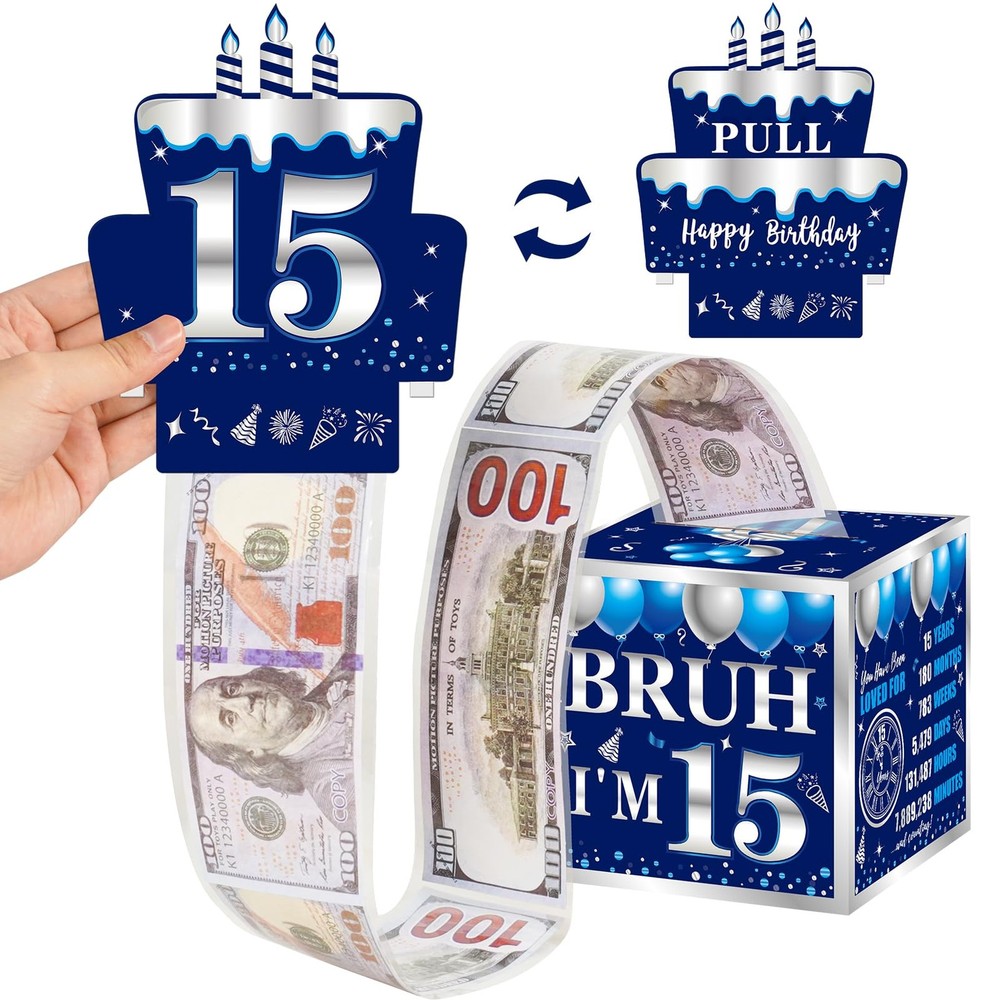 15th Birthday Blue Silver Pull Out Money Gift Box Cash Present Surprise Party