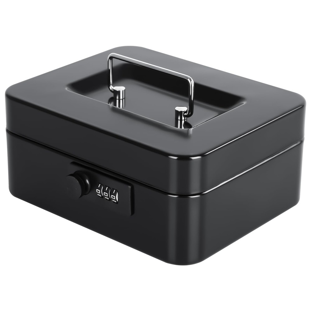 Medium Steel Cash Box with Money Tray, Lock Box, Black