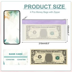 4Pack 8.5×4 Inch Money Bags with Zipper Clear Cash Pouch, Purple