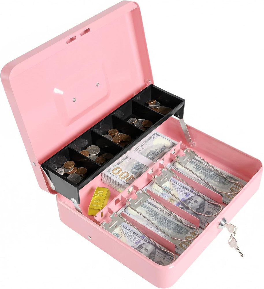 Locking Cash Box with Key Lock and Money Tray, Money Box, Lock Safe Box, Cash Mo
