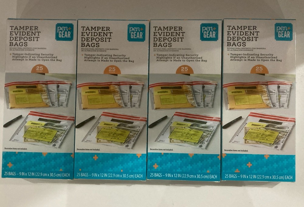 100 Tamper Evident Deposit Bags 9″ by 12″ 4 boxes of 25 NEW Security Indicator