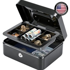 Secure Black Cash Box with Dual Key Lock and Removable Storage Tray, 7.87”