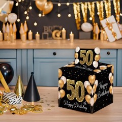 50th Birthday Money Box Cash Pull Out Gift Surprise Black Gold With 50 Bags
