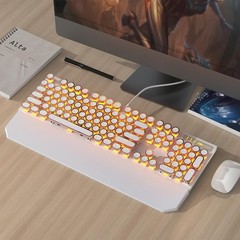 Typewriter Mechanical Gaming Keyboard, Retro Gold Punk Round Keycaps LED Back…