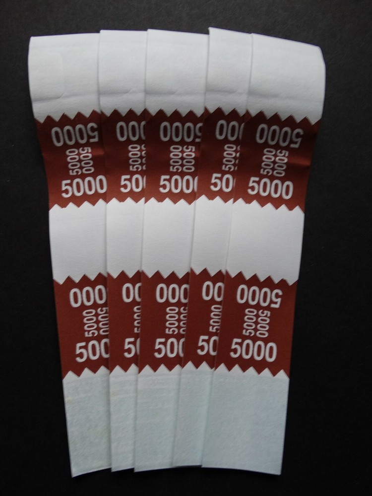 5 – Brown $5,000 Cash Money Self-Sealing Straps White Saw Tooth Currency Bands