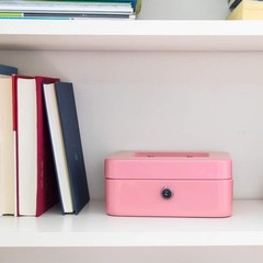 Compact Pink Cash Lock Box with Key, Double Layer for Coins & Cash Storage