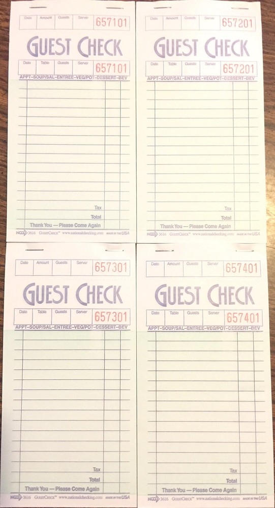 4 Pack G3616 Guest Checks Book Waitress Pad 15 Line 100 Page Booklet NEW Paper
