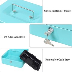 Portable Light Blue Cash Box with Key Lock for Cash and Medication Storage