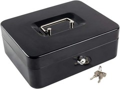 Large Black Steel Cash Box with Key Lock and Removable Money Tray