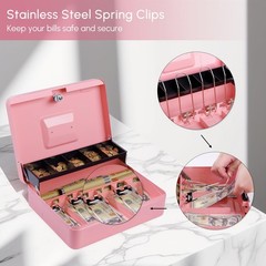 Cash Box Money Tray Key Push Button Lock Safe XL 11.8×9.45×3.54 Inch Pink