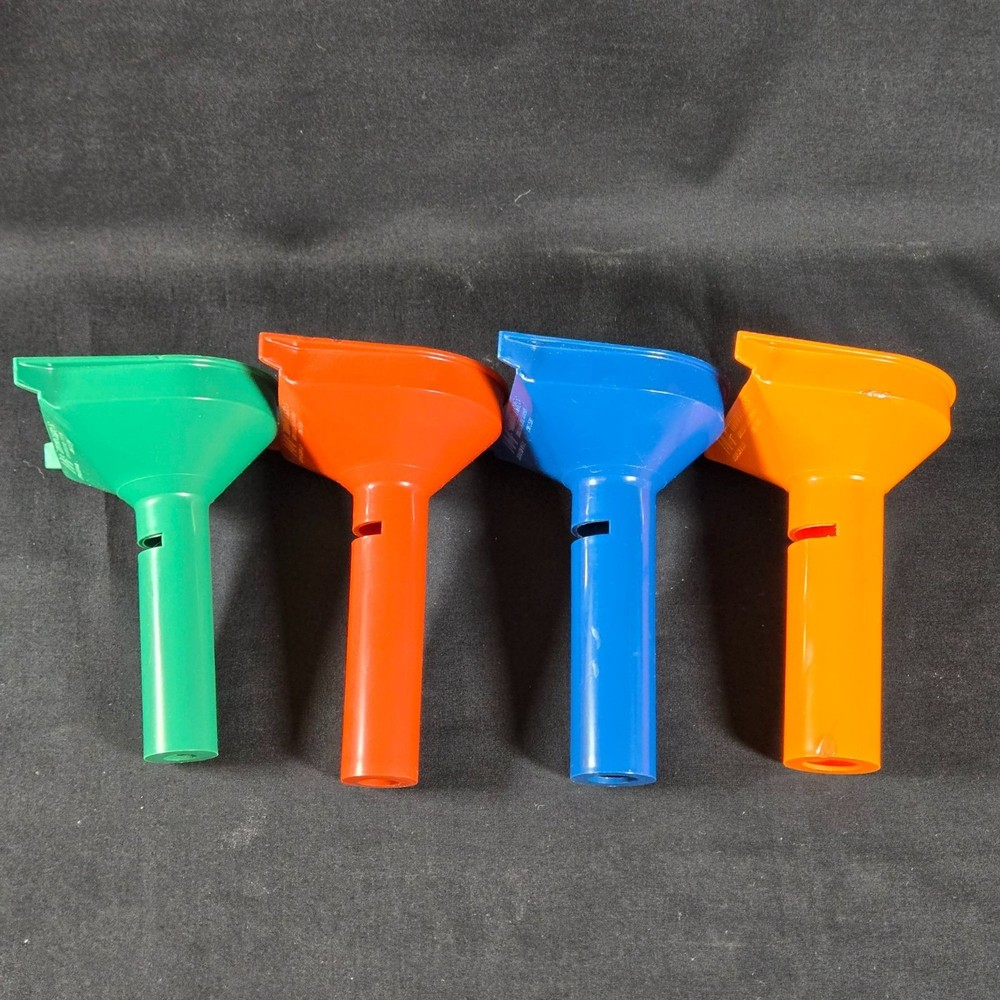 Vintage Set MMF Industries Plastic Coin Funnels Green Red Blue Orange USA Made