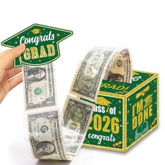 2026 Graduation Money Box Cash Gift Pull Green Gold Congrats Grad 100 Bags