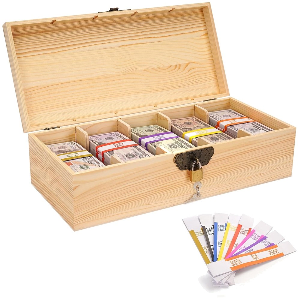 Wooden Cash Tray with Lockable Cover, 5 Compartments