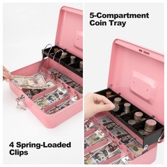Pink XLarge Metal Cash Box Money Tray Key Lock Safe Organizer 11.8×9.5×3.5″