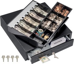 Durable Cash Register Drawer 16 Inch Black with Stainless Steel Coin Compartment
