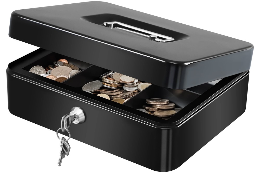 Caja de metal para dinero en efectivo con bandeja para dinero y cerradura