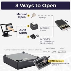 Volcora 13″ Cash Register Drawer POS System 4 Bill 5 Coin Black Stainless Steel