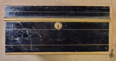 Vtg. ’20s-’30s Black Metal Bankers Cash Document Lock Box w/ Key Red & Gold Trim