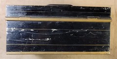 Vtg. ’20s-’30s Black Metal Bankers Cash Document Lock Box w/ Key Red & Gold Trim