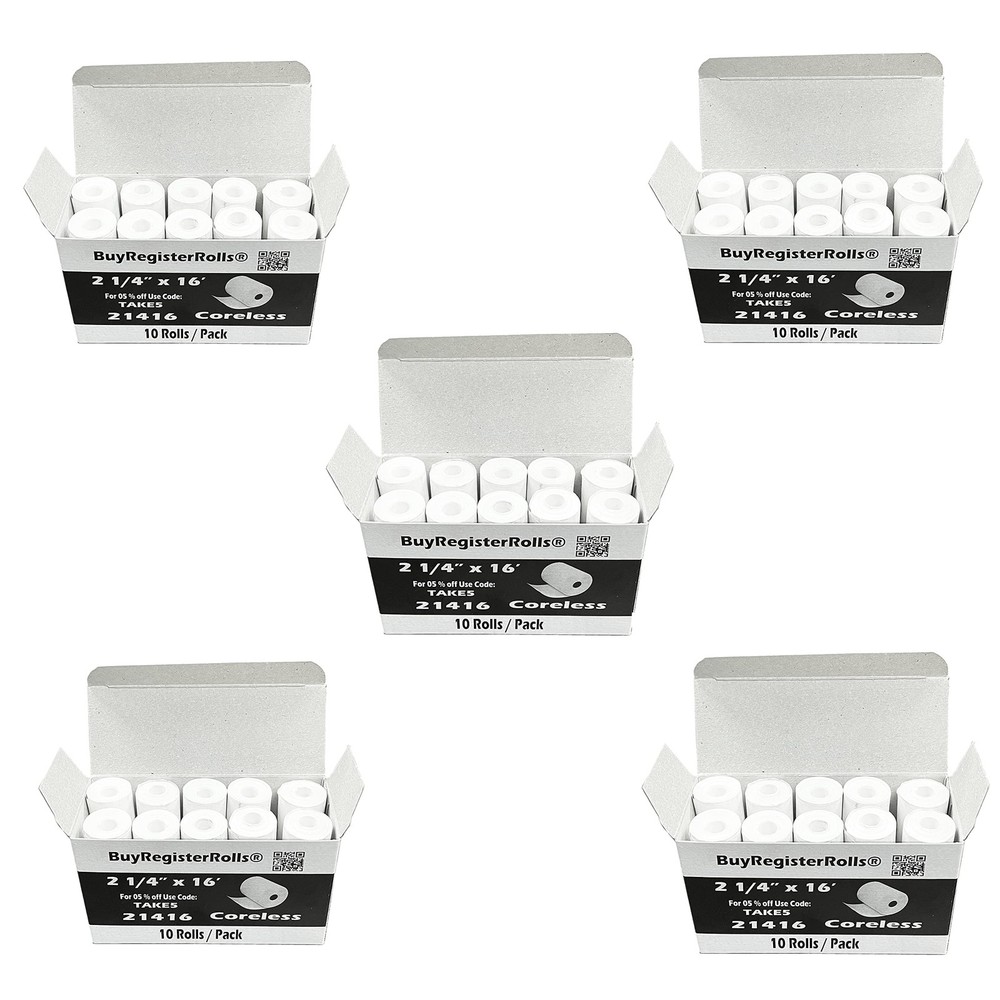 BuyRegisterRolls (50 Rolls) 2 1/4 x 16 Thermal Paper Rolls Coreless White