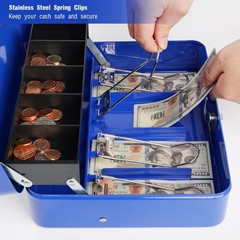 Large Cash Box with Lock Key – Metal Money Safe Blue