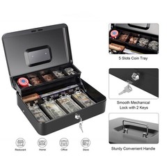 Cash Box Money Tray Key Lock Metal 11.8×9.45in XL Coin Bill Check Storage Black