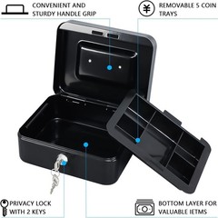 Medium Lockable Cash Box: Organized Storage with Removable Tray, Black 7.87″