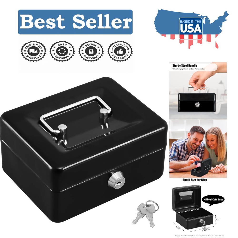 Mini Lock Box with Key for Cash & Valuables – Portable 5.91″x4.72″x3.15″ Black