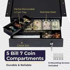 Cash Register Drawer with Under Counter Mounting Metal Bracket – 16″ Black Ca…