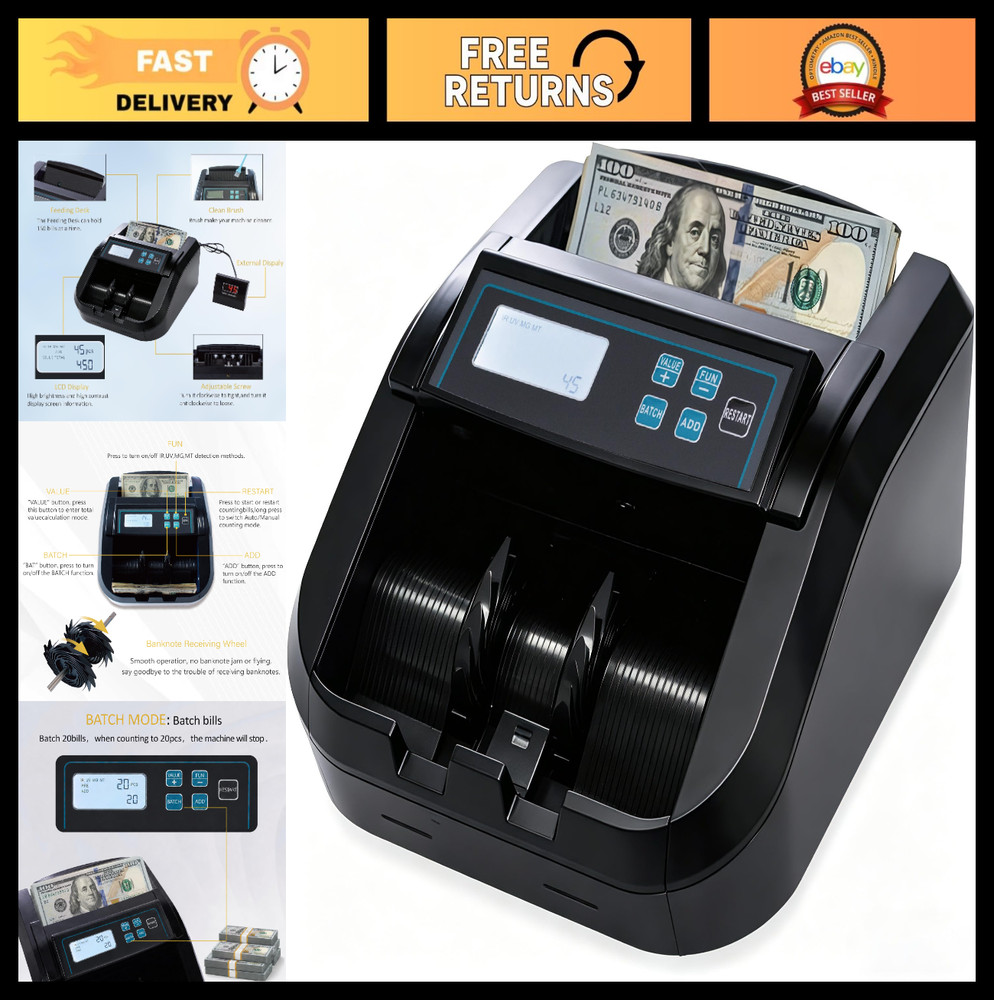 High-Speed Bill Counter Machine with LCD Display, UV/MG/IR Detection, Batch Mode
