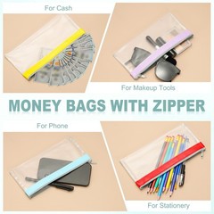 8.5×4 Inch Money Bags with Zipper, 4Pcs Clear Cash Pouch, Blue/Pink/Purple/Beige