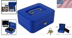 Multipurpose Blue Metal Cash Box with Key Lock & Compartments – 7.87×6.30 Inches