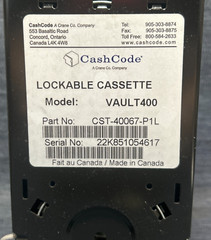 CASH CODE LOCKABLE CASSETTE MODEL VAULT400 PART NO CST-40067-P1L