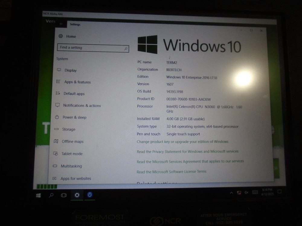 NCR Touch Screen POS Terminal 7734-0100-0018 Display Point Sale Win 10 4GB